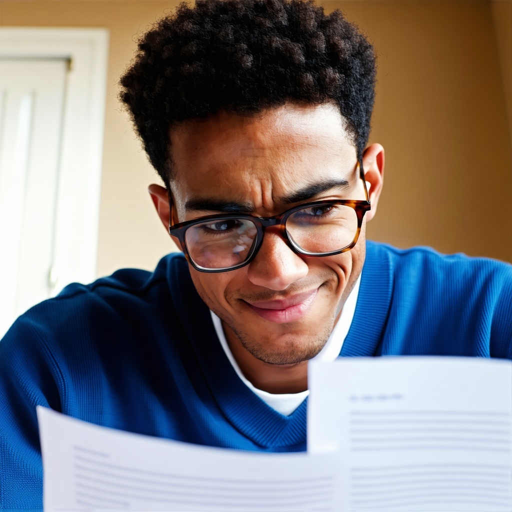 A young adult man with brown skin and dark hair is looking pensively at a piece of paper but he is curious and generally happy You cant see what is on it because it is facing away from the viewer He is frowning slightly deep in contemplation He is we